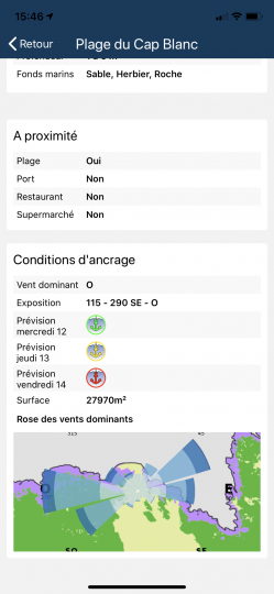 Information sur un mouillage avec la météo pour les 3 prochaines jours