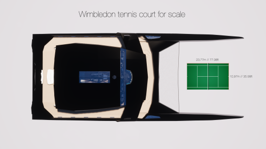 LEs dimensions de Nemesis comparé à la taille d'un cours de tennis...