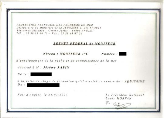 Diplôme Brevet Fédéral de Monteur Peche Mer  ©Jérôme Rabin Â
