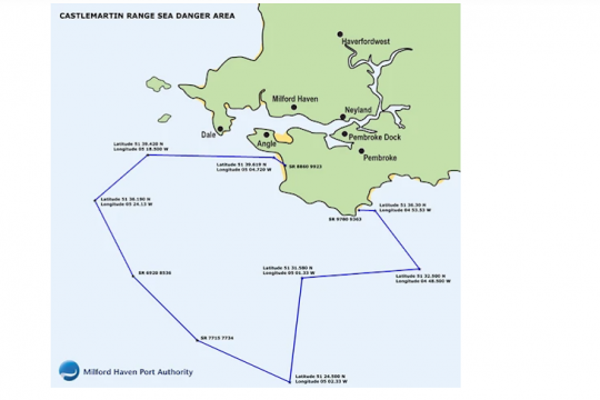 La zone de danger à éviter près de l'entrée de Milford Haven