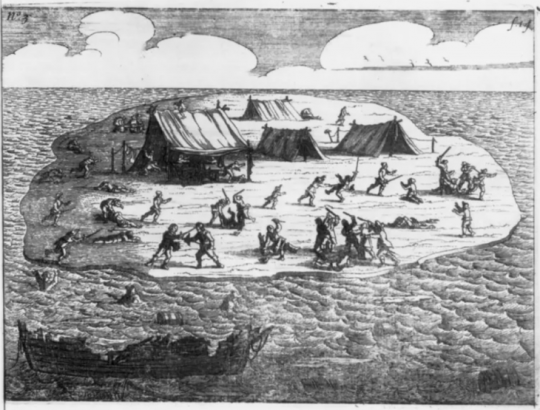 Illustration du massacre de rescapés du Batavia extraite du journal de Francisco Pelsaert, 1647