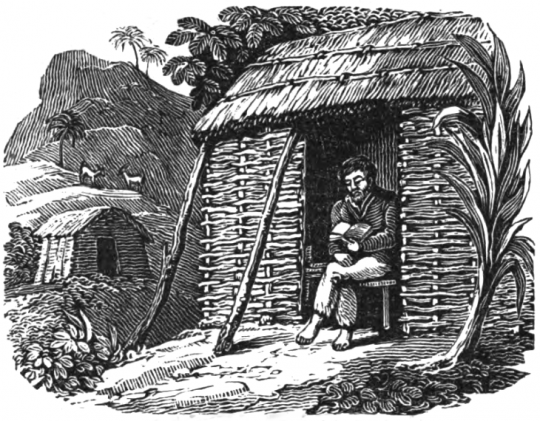 Selkirk lisant sa Bible dans l'une des deux cabanes qu'il a construites à flanc de montagne