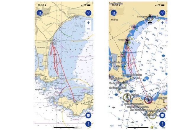 TZ iBoat ofrece la posibilidad de mostrar 2 tipos de cartas: Raster (izquierda) o vector (derecha)