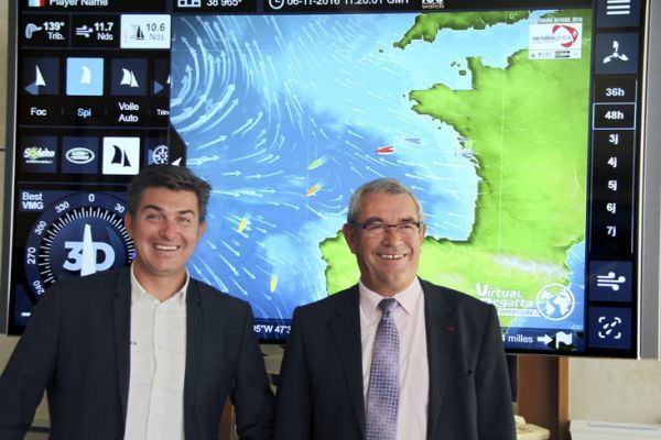 Philippe Guigné, a la izquierda, en el lanzamiento de una Vendée Globe virtual